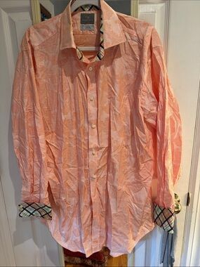 Thomas Dean Peach Floral Button-Down Shirt with Plaid Trim